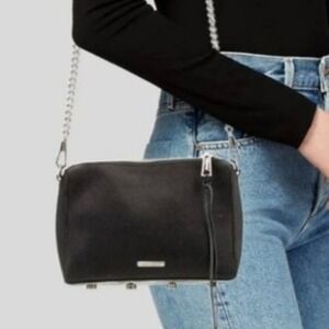 Rebecca Minkoff Black Saffiano Leather Crossbody Bag Silver Tone Chain Strap‎